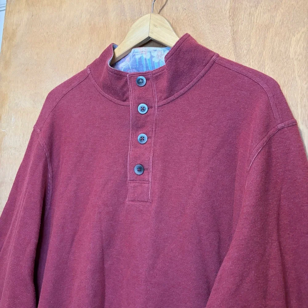 Tommy Bahama Pullover Mens XL Red Quarter Button Knit Sweatshirt Coastal Casual